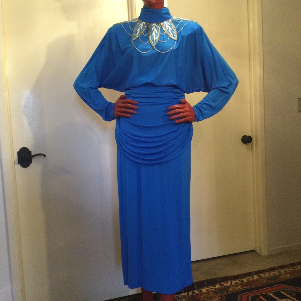 CASADEI COPYRIGHT 1982 ELETRA Blue Dress. Embellished Neck & Shoulders.Wm Sz 10.